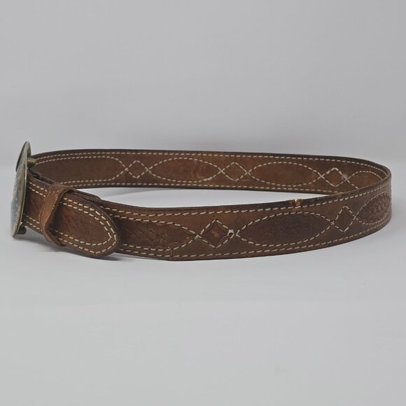 Triple K Tooled Leather Belt with German Silver and Turquoise Western Buckle 34 - Picture 3 of 13